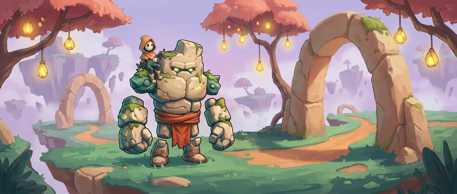 Pip and Rook travelling together through the strange painted landscape of the Oddlands.