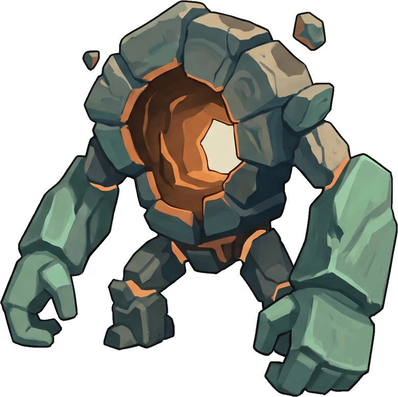 Encounter concept of a hulking stone creature with a hollow, glowing core and floating stone fragments.