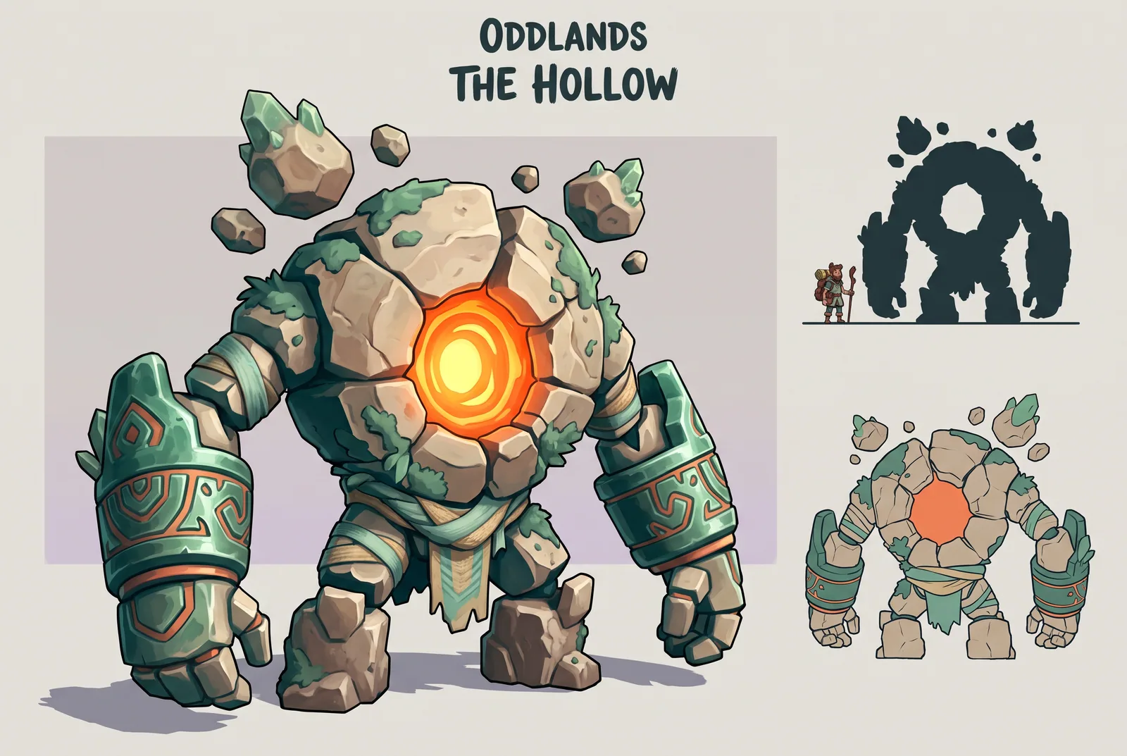 Boss encounter concept art of the towering Hollow looming over two small travellers in the Oddlands.