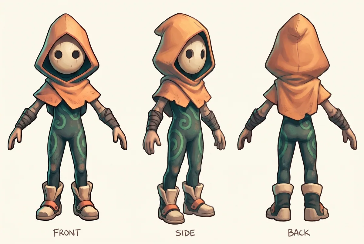 Character model sheet for Pip, showing the masked wanderer from multiple angles with outfit and gear studies.