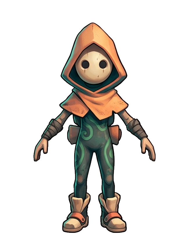 Pip, the apricot-hooded wanderer, wearing a pale mask and a teal outfit with green swirling patterns.