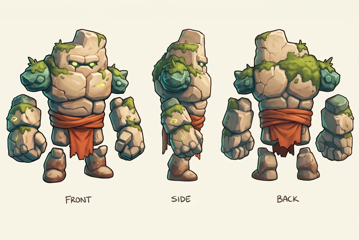 Character model sheet for Rook, showing the moss-covered stone sentinel from multiple angles with detail studies.