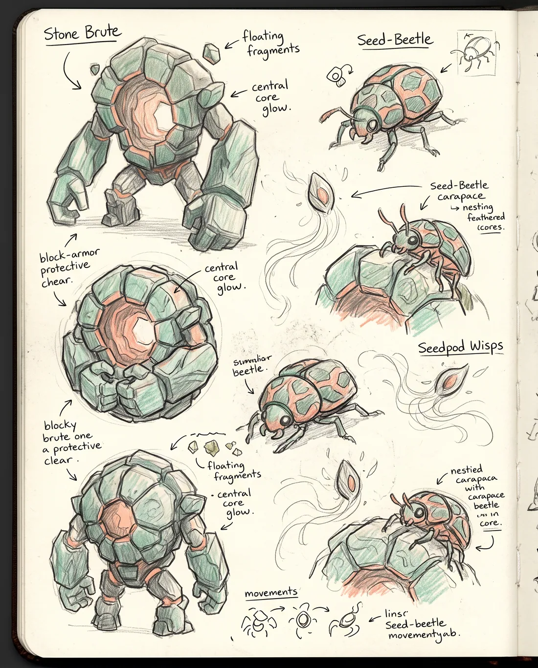 A warm paper sketch page filled with early Oddlands creature silhouettes and anatomy studies.