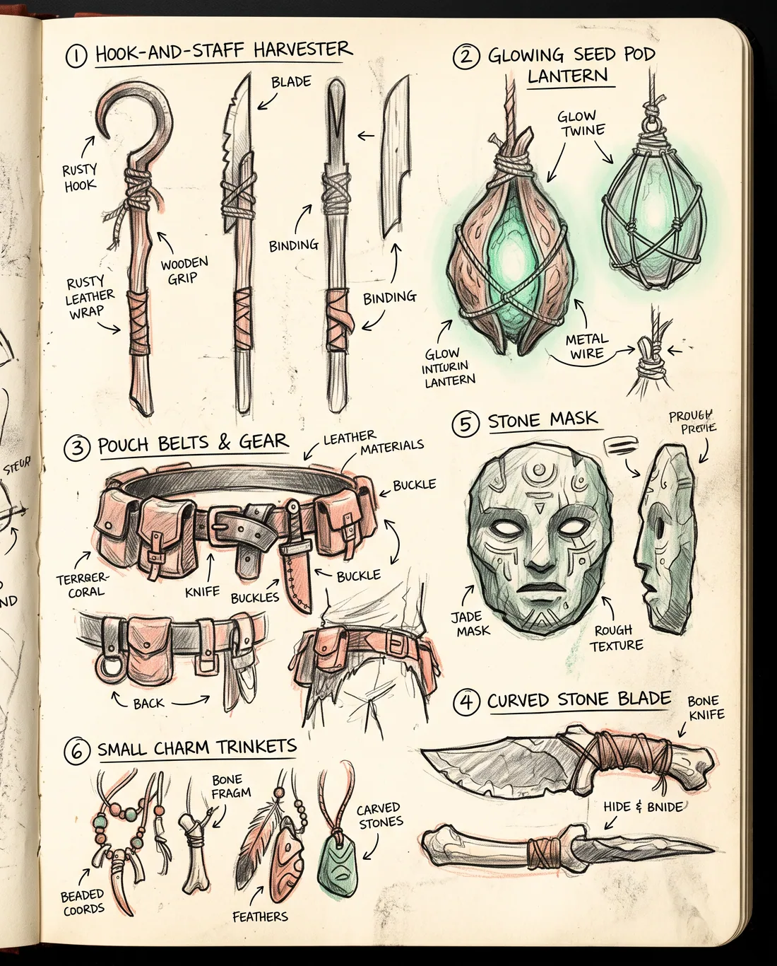 A warm paper sketch page exploring handmade Oddlands tools, relics and travelling gear.
