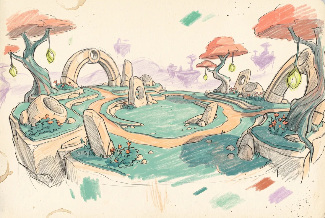 A landscape sketch page exploring curved ruins, strange plants and floating terrain in the Oddlands.
